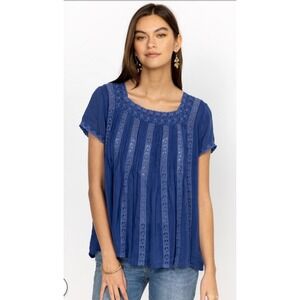 Johnny Was Brigita Blouse Blue Embroidered Bohemian/Peasant Tunic Rayon Top Sz L